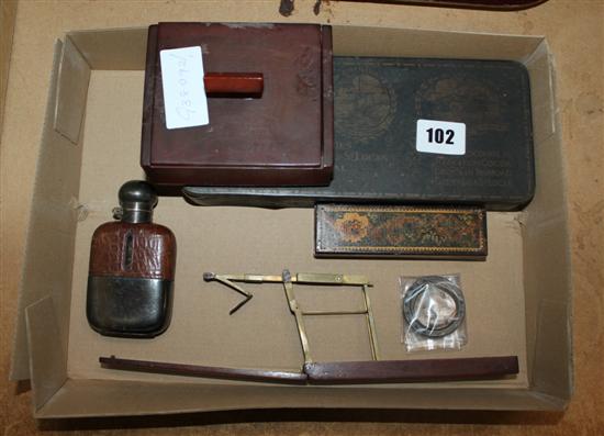 Travelling scales, Tunbridgeware box, small hip flask, tint box